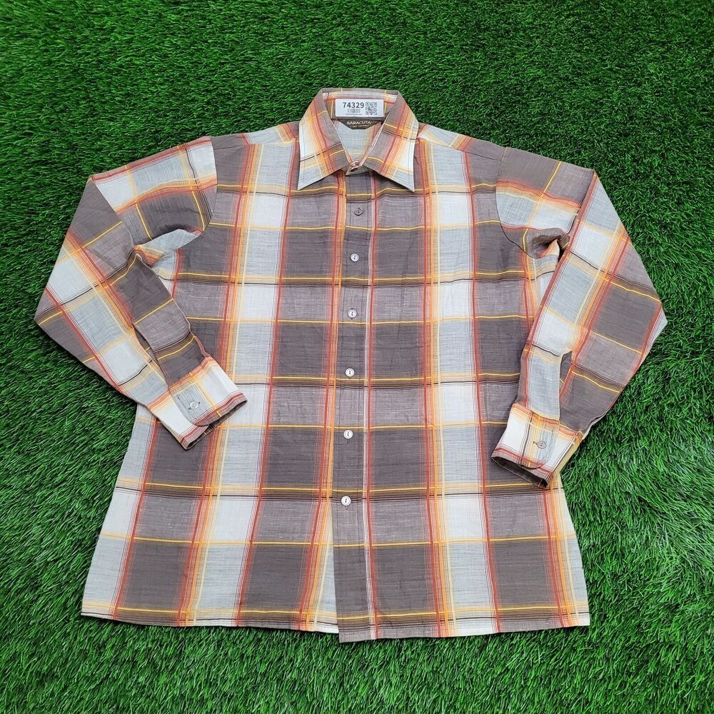 Vintage 80s Baracuta Plaid Button Shirt Large 23x28 Brown
